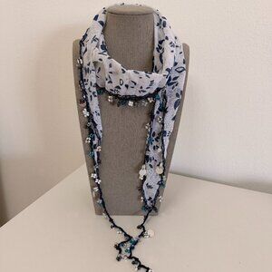 Traditional Turkish Oya Neck Scarf Bead, Needle Lace on Lawn Cotton White & Navy
